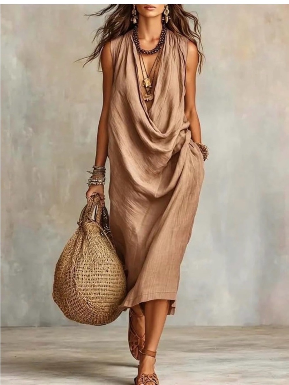 Sleeveless Draped Midi Dress in Taupe - Women